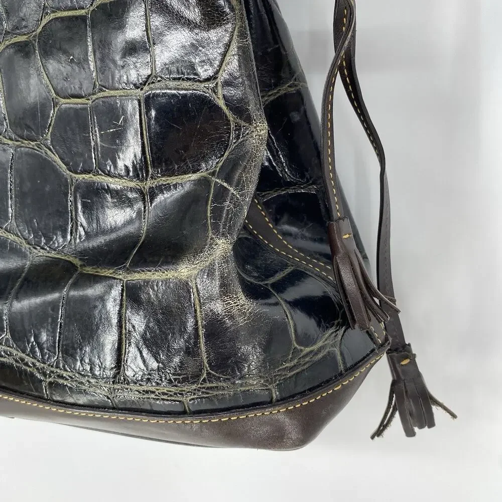 Dooney & Bourke Croco Embossed Leather Tassel Shoulder Tote Bag Brown
